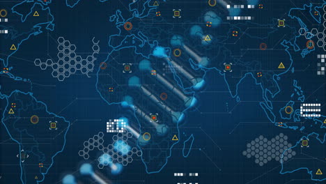 Animación-De-La-Cadena-De-ADN-Sobre-Procesamiento-De-Datos-Y-Mapa-Mundial.