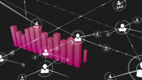 Animation-of-network-of-connections-with-icons-and-statistics-data-processing-over-black-background