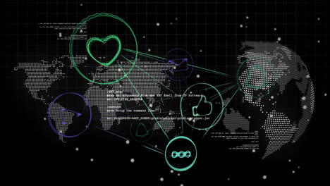 Animación-De-íconos-De-Redes-Sociales-Y-Procesamiento-De-Datos-Sobre-El-Globo-Y-El-Mapa-Mundial-Sobre-Fondo-Oscuro