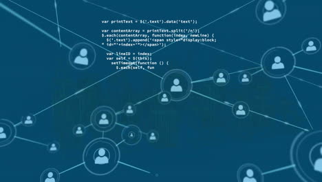 Animation-of-connected-profile-icons-and-computer-language-over-blue-background