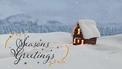 Animation-of-seasons-greetings-text-and-snow-falling-over-winter-scenery