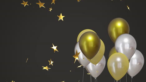 Animation-Von-Goldenen-Und-Silbernen-Luftballons-Mit-Sternen-Auf-Grauem-Hintergrund