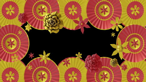 Animation-of-chinese-red-and-gold-pattern-with-copy-space-on-black-background