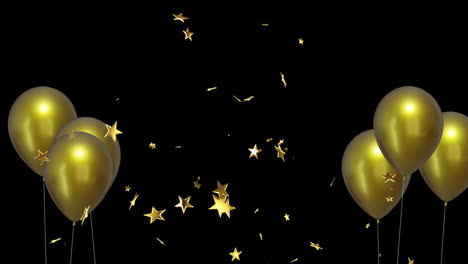 Animation-of-gold-balloons-with-stars-on-black-background