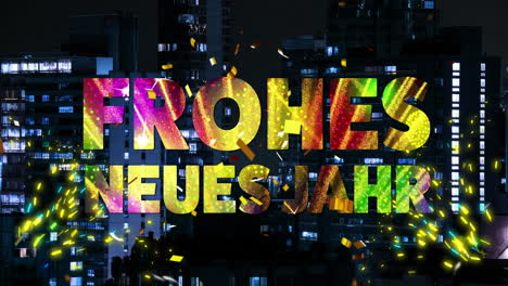 Animation-Of-Frohes-Neues-Jahr-Text-And-Confetti-Over-Cityscape-On-Black-Background