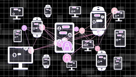 Animación-De-íconos-Conectados,-Interfaz-De-Chat-Ai-En-Computadoras,-Relojes-Inteligentes-Y-Teléfonos-Celulares