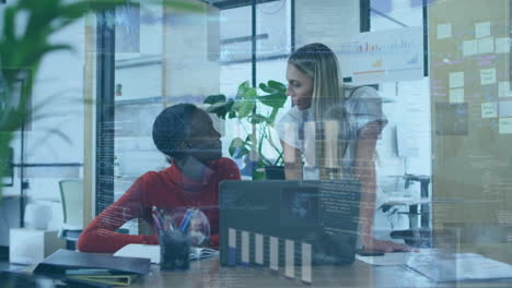 Animation-of-graphs-and-globes-over-diverse-female-coworkers-discussing-reports-on-laptop-in-office