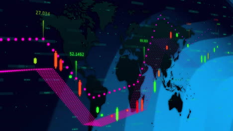 Animation-of-data-processing-and-world-map-over-blue-lines-on-black-background