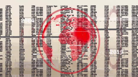 Animation-of-circular-scanner,-red-globe-and-data-processing-over-cityscape