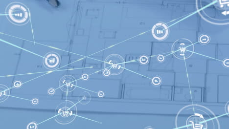 Animation-Eines-Verbindungsnetzes-Mit-Symbolen-über-Architektenzeichnungen