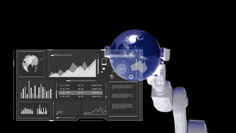 Animation-Der-Datenverarbeitung-über-Dem-Roboterarm,-Der-Einen-Globus-Auf-Schwarzem-Hintergrund-Hält