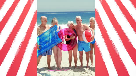 Animation-of-flag-of-usa-over-diverse-senior-friends-on-beach-in-summer