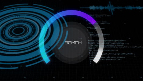 Animation-of-digital-speedometer-over-circular-scanner-and-processing-data-on-black-interface