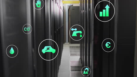 Animation-of-eco-icons-and-data-processing-over-computer-servers