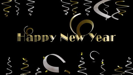 Animation-of-happy-new-year-text,-party-streamers-and-confetti-on-black-background