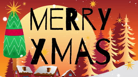 Animation-Von-Merry-Xmas-Text-über-Schnee-Und-Winterlandschaft