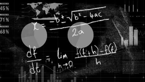 Animation-of-mathematical-equation-and-infographic-interface-over-map-against-black-background