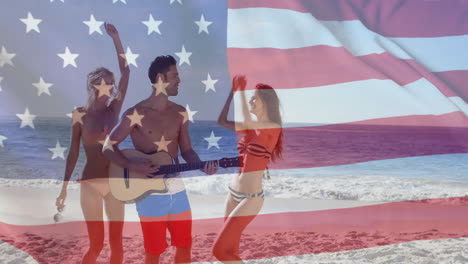 Animation-of-flag-of-usa-over-caucasian-friends-on-beach-in-summer