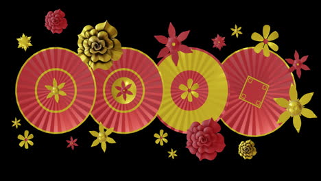 Animation-of-chinese-red-and-gold-pattern-on-black-background