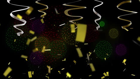 Animation-of-party-streamers-and-confetti-on-black-background