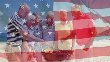 Animación-De-La-Bandera-De-EE.UU.-Sobre-Diversos-Amigos-Mayores-En-La-Playa-En-Verano