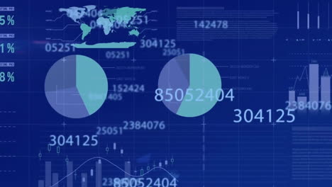 Animation-of-processing-data-over-charts-and-graphs-on-blue-background