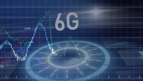 Animation-Der-Finanzdatenverarbeitung-Und-Des-Scope-Scannings-Mit-6g-Auf-Blauem-Hintergrund