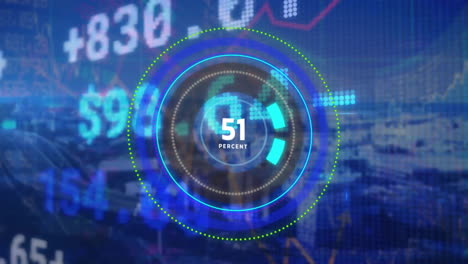 Animation-of-stock-market-and-loading-scope-scanning-over-cityscape