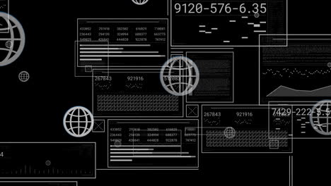 Animación-De-Iconos-De-Globo-Sobre-Procesamiento-De-Datos-Sobre-Fondo-Negro