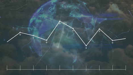 Animation-of-globe-with-connections-and-data-processing-over-clouds