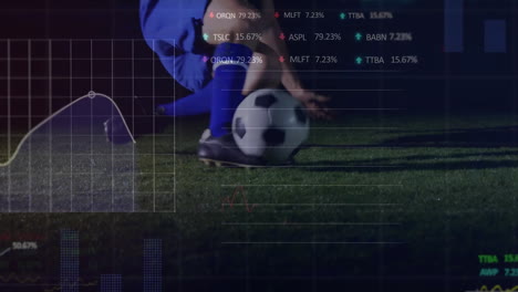 Animation-of-financial-data-processing-over-legs-of-male-football-player-with-ball