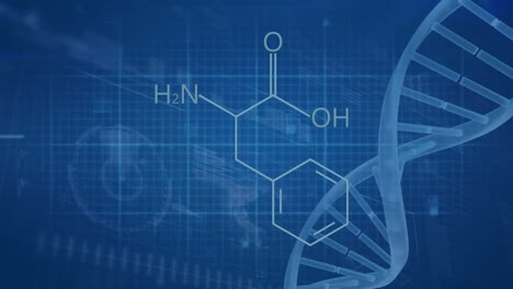 Animation-of-spinning-dna-strand-over-chemical-formula-and-cardiograph