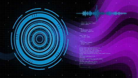 Animation-of-data-processing-and-scope-over-dark-background