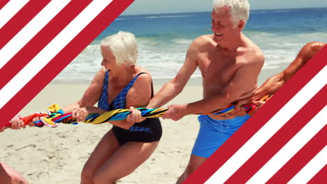 Animation-of-flag-of-usa-over-diverse-senior-friends-on-beach-in-summer