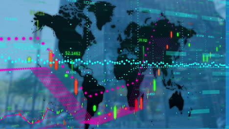 Animation-Der-Verarbeitung-Finanzieller-Daten-über-Einer-Weltkarte-Und-Einem-Gebäude