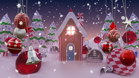 Animation-of-snow-falling-over-christmas-decorations-baubles-and-winter-scenery