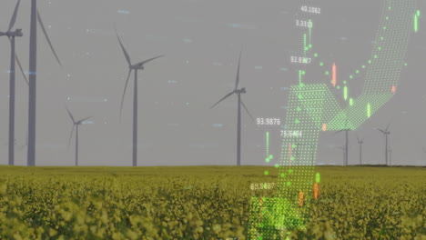 Animation-Von-Diagrammen-Und-Datenverarbeitung-über-Einem-Feld-Mit-Windkraftanlagen