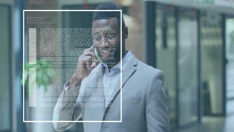 Animation-of-data-processing-over-african-american-businessman-talking-on-smartphone