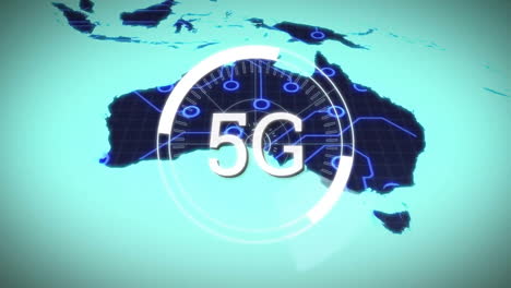 Animación-De-Texto-5g-En-Círculos-De-Carga-Y-Patrón-De-Placa-De-Circuito-En-El-Mapa-Sobre-Fondo-Azul