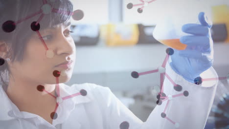 Animation-of-chemical-molecules-over-biracial-female-scientist-taking-sample-in-lab