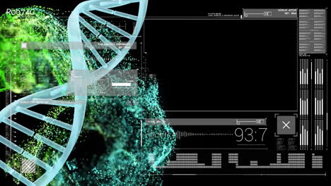 Animación-Del-Procesamiento-De-Datos-Sobre-Hebras-De-ADN-Y-Puntos-De-Luz-Verde-Sobre-Fondo-Negro