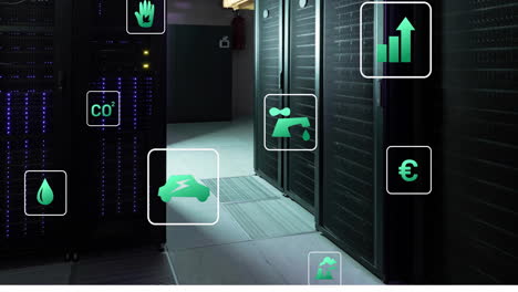 Animation-of-eco-icons-and-data-processing-over-computer-servers