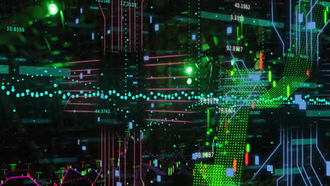 Animation-of-data-processing-and-circuit-board-connections-over-black-background