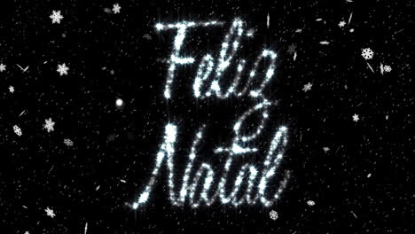 Animation-of-feliz-natal-text-over-snow-falling-on-black-background