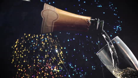 Animation-of-champagne-bottle-and-glass-with-fireworks-on-black-background