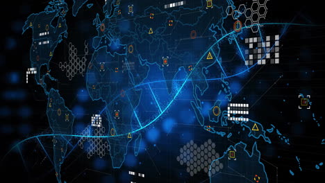 Animation-of-dna-strand-and-data-processing-over-world-map