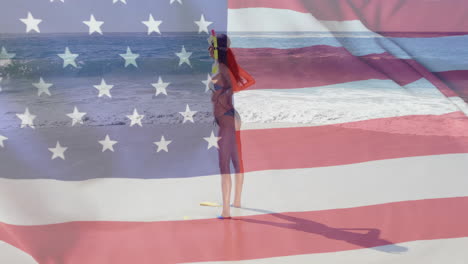 Animation-of-flag-of-usa-over-caucasian-woman-on-beach-in-summer