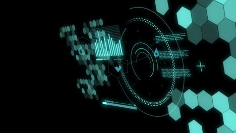 Animación-De-Escaneo-De-Alcance-Y-Procesamiento-De-Datos-Con-Hexágonos-Sobre-Fondo-Negro