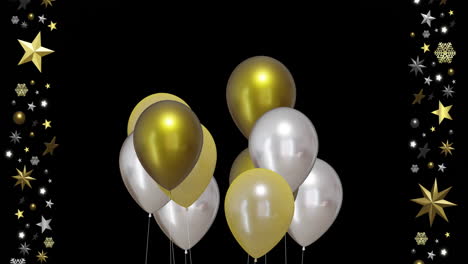 Animation-of-gold-and-silver-balloons-with-stars-on-black-background