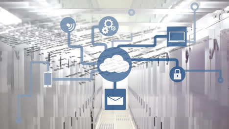 Animation-of-cloud-icon-with-network-of-connections-and-data-processing-over-computer-servers